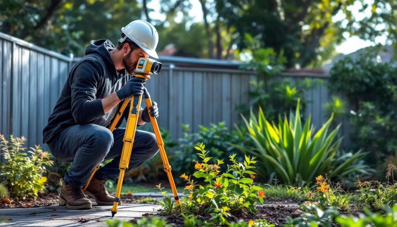 Surveyor with total station equipment in Sydney suburb